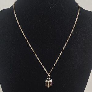LADYBUG Small Sparkling Rhinestone Pendant Red Black Enamel Gold Tone Necklace